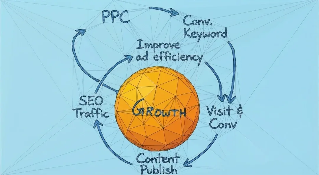 검색광고로 시작해서 전환 키워드를 SEO 콘텐츠 발행 처리로 전체적인 성장을 만드는 도식 이미지